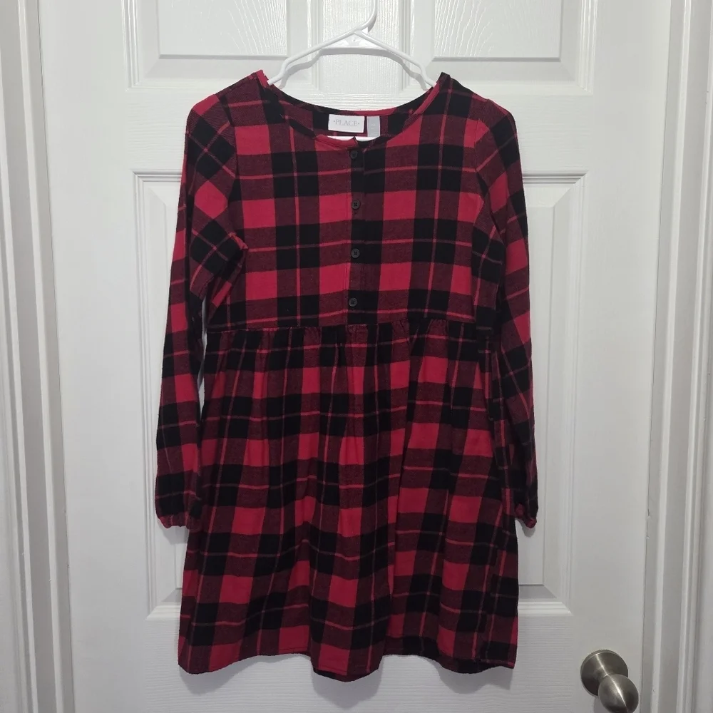 The Children's Place Red & Black Buffalo Plaid Flannel Shirt Dress Size XL